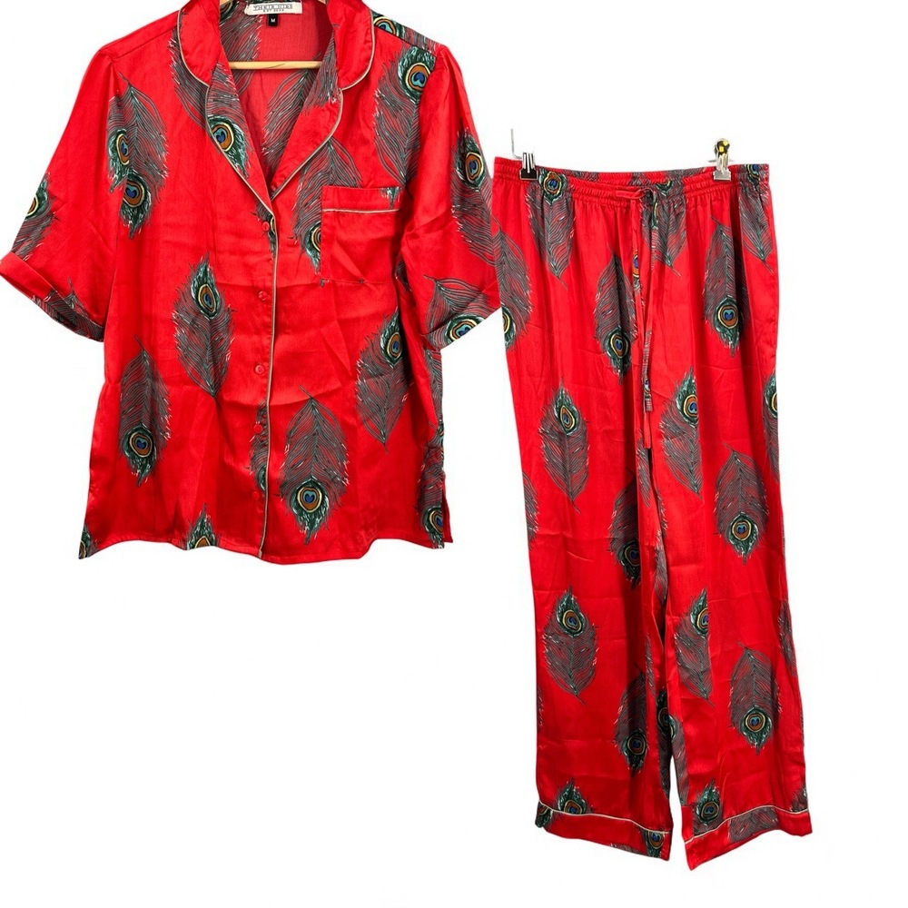 Their Nibs Red Peacock‎ Feather Satin Pajama Set Button Top & Pants - Size M